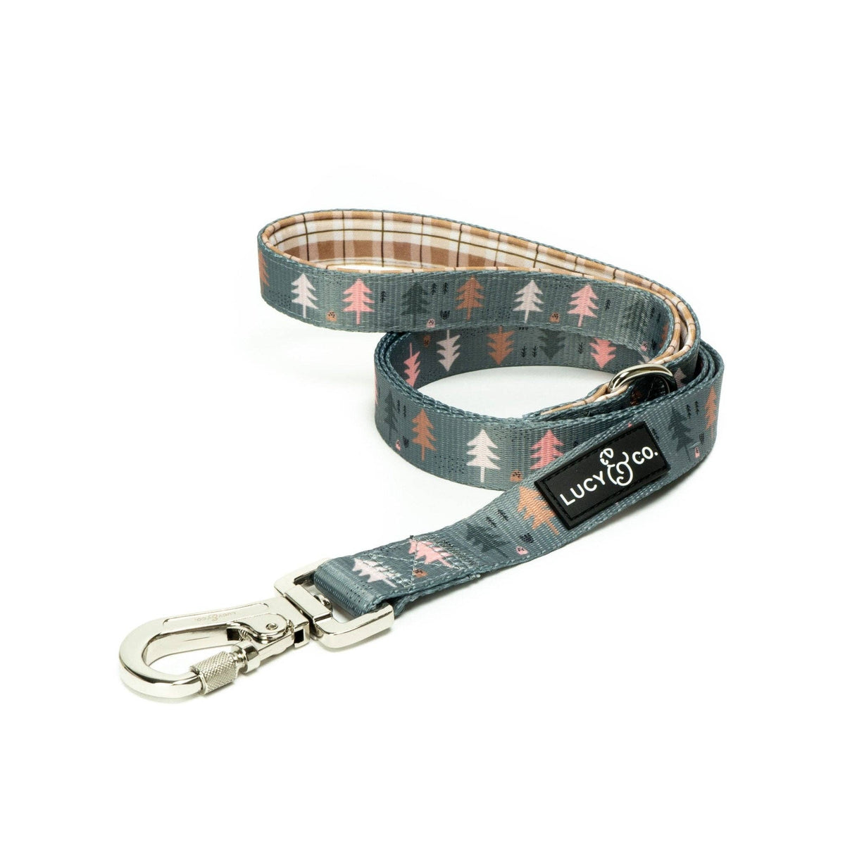 Dog leash with a lockable metal clasp and gray-green print of pink and cream trees.