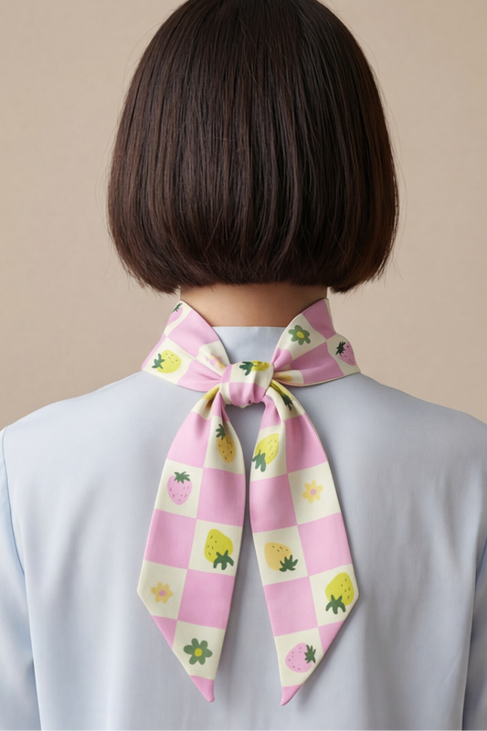 Fruit print twilly ribbon scarf tied at back of neck with bow, pink and yellow