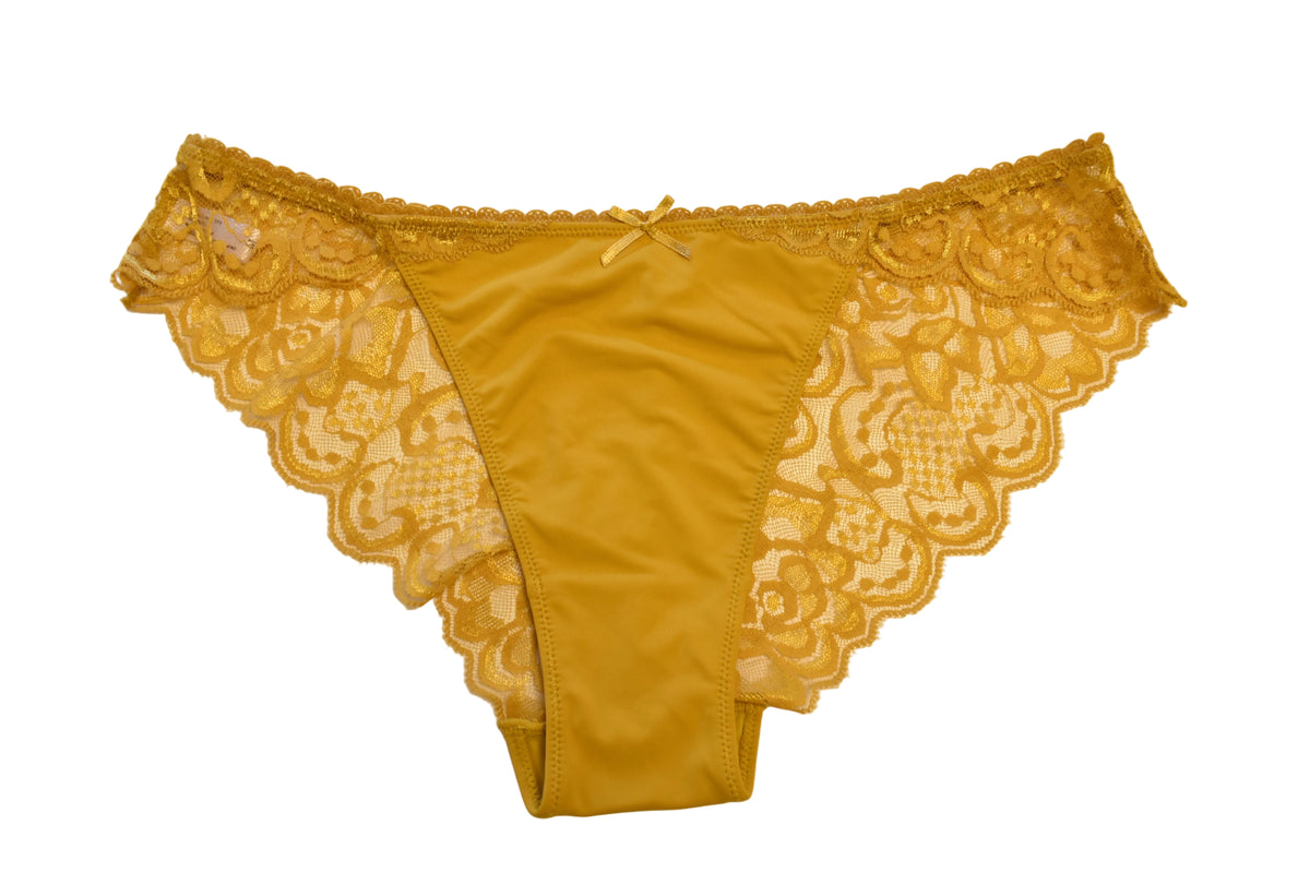 Golden yellow cheeky panties with a smooth microfiber front and scalloped lace sides.