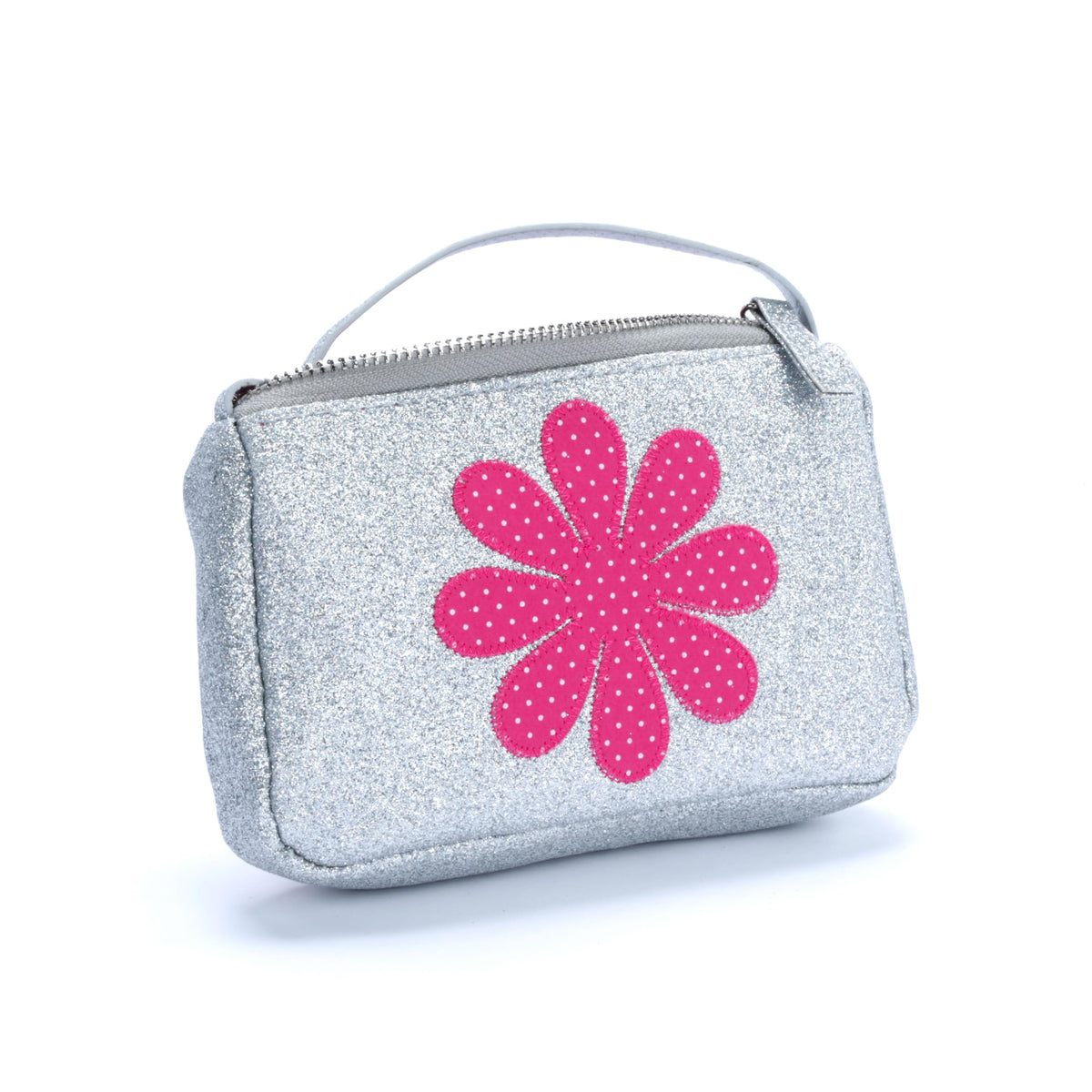 Silver glitter crossbody purse with pink flower applique and top zipper