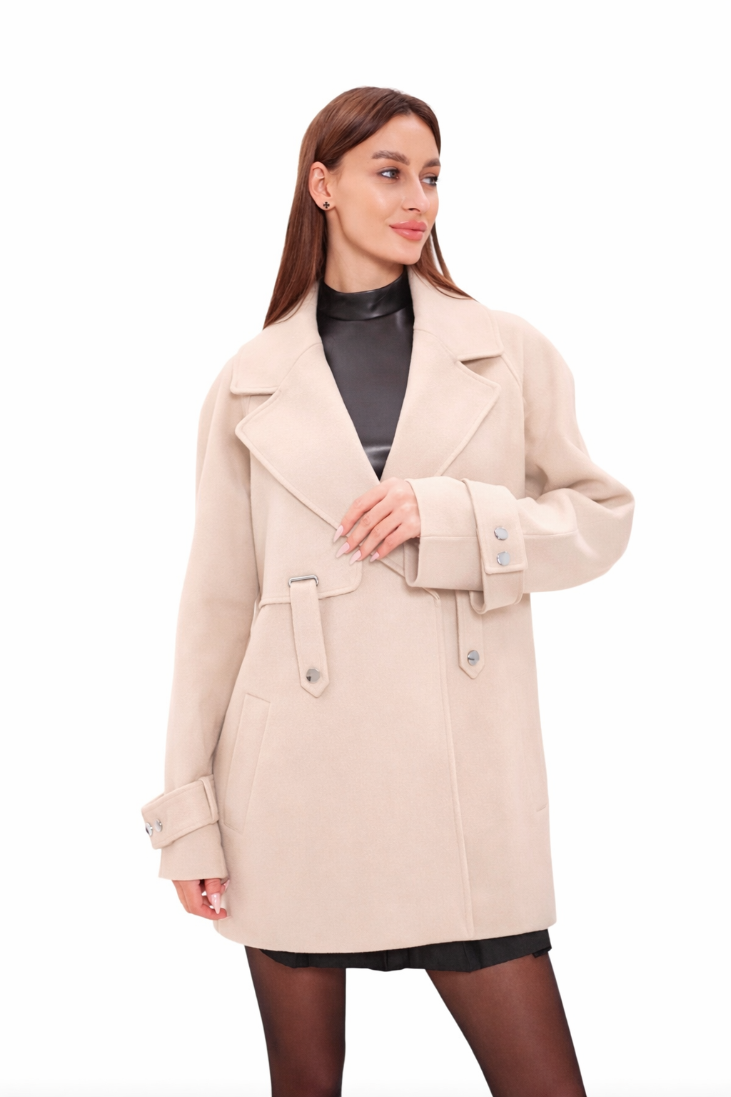 Front view of the nude midi coat with wide lapels, button details, and belt
