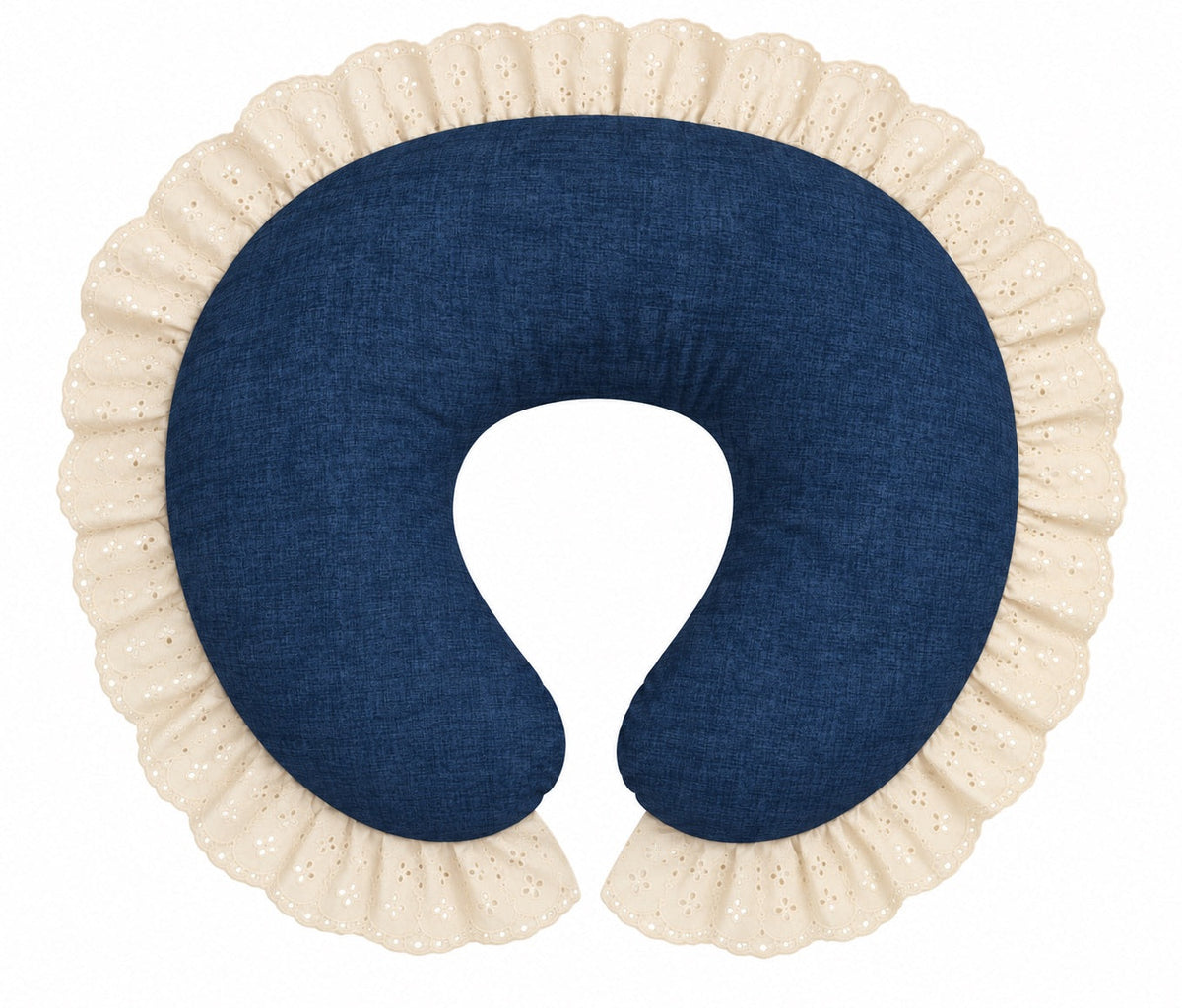 Dark blue denim nursing pillow cover with ivory eyelet lace ruffle