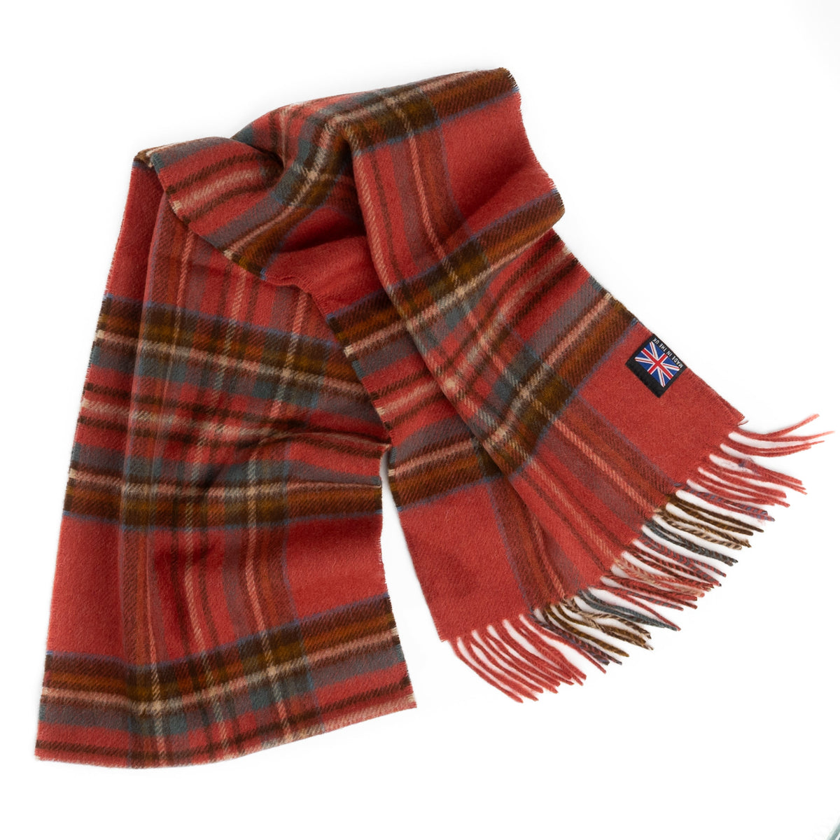 Red and brown tartan merino lambswool scarf with fringe ends and UK flag patch