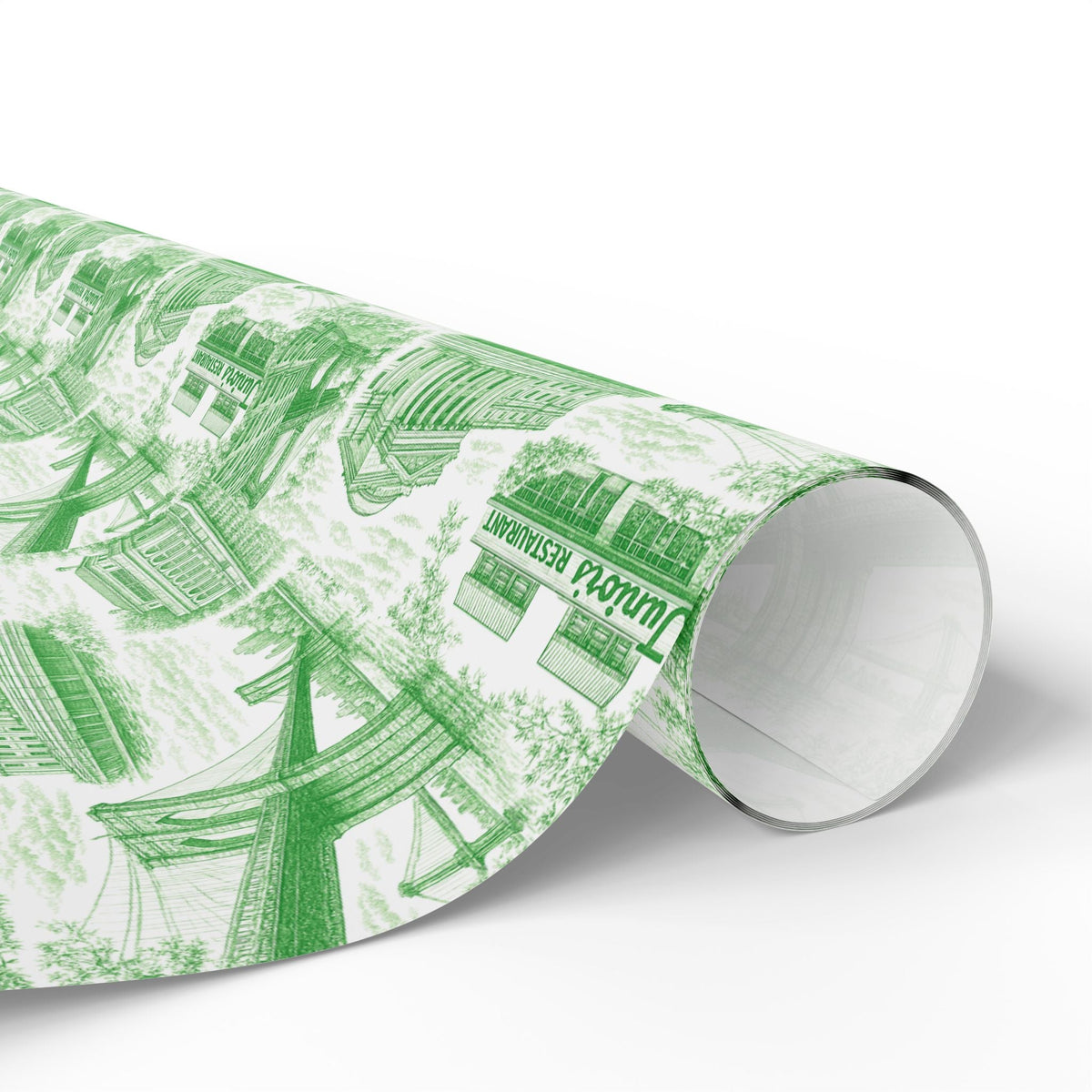 Green glossy gift wrap paper roll end, city building toile print