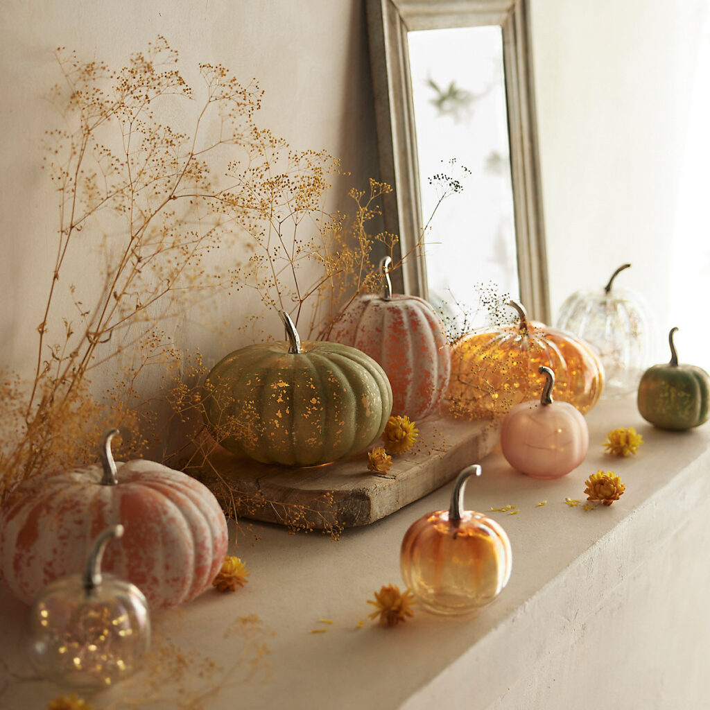Small glass pumpkins with brass stems in amber orange and pinkish white tones