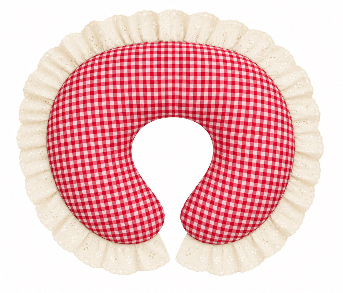 Nursing pillow cover with red gingham and ivory eyelet lace ruffle