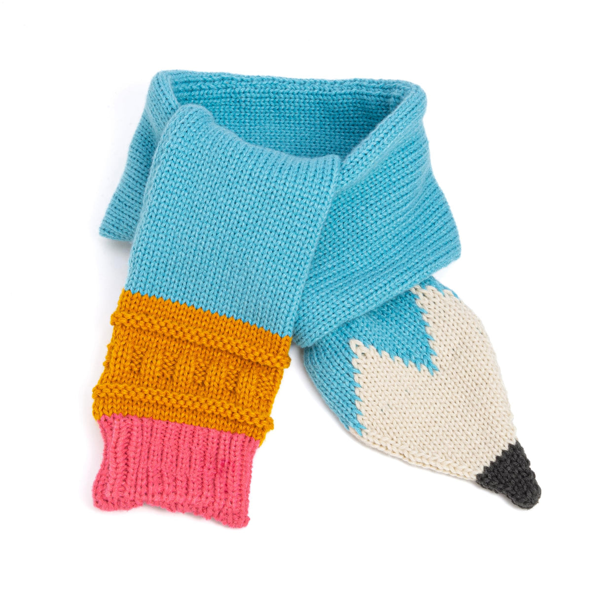 Knitted pencil-shaped children's scarf in turquoise, with cream point and colorful ends