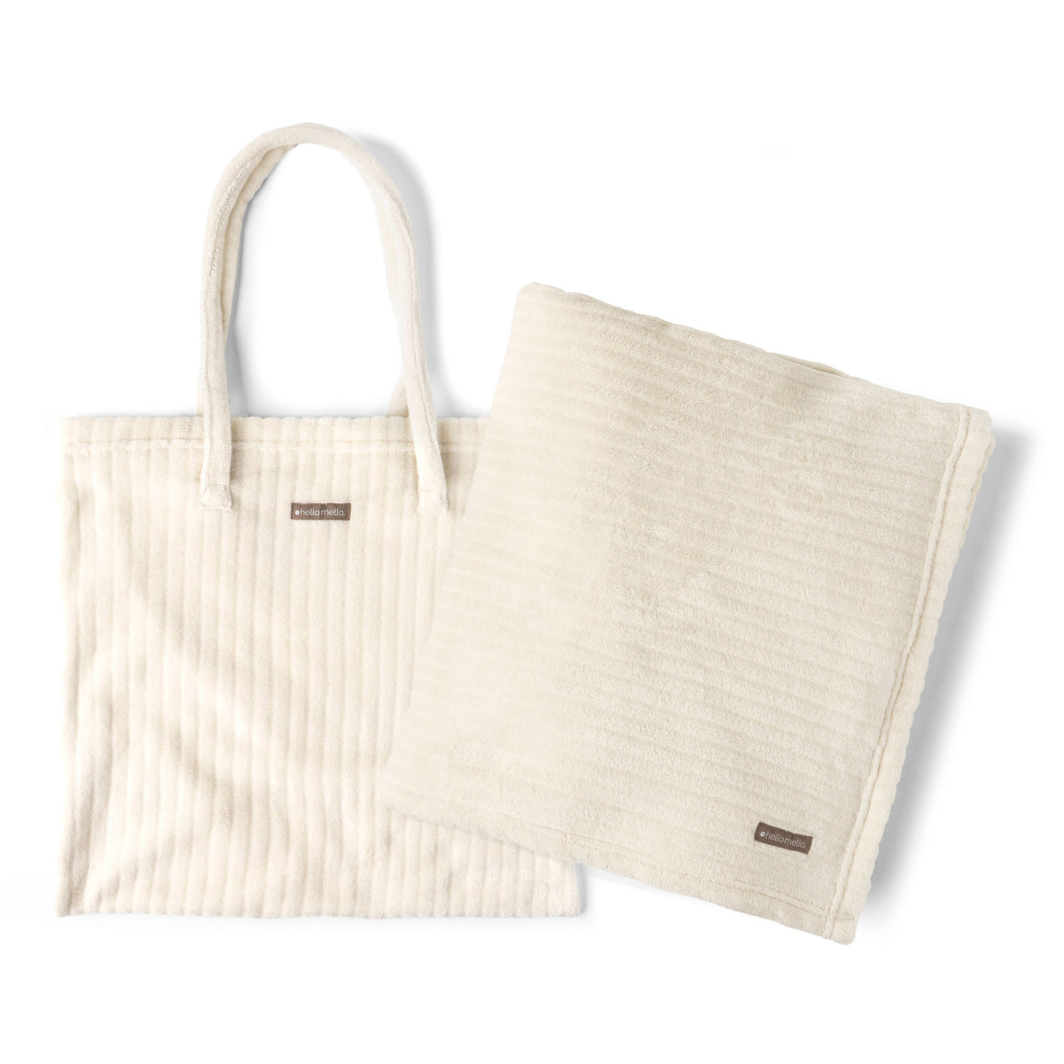 Hello Mello cream tote blanket set with ribbed bag and folded blanket.