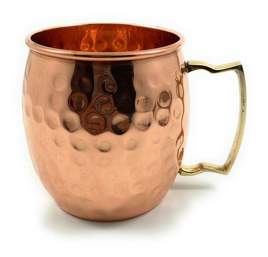 Hammered copper Moscow mule mug with brass handle, single cup view