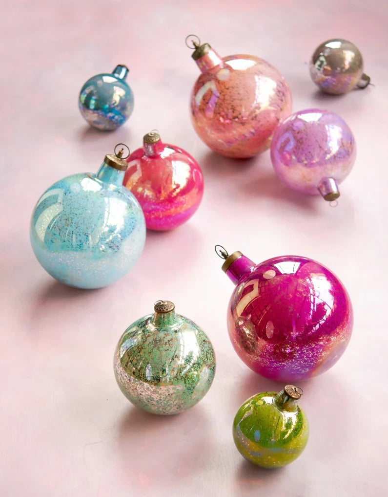 Glitter ball glass ornaments, assorted colors with gold caps and hanging loops