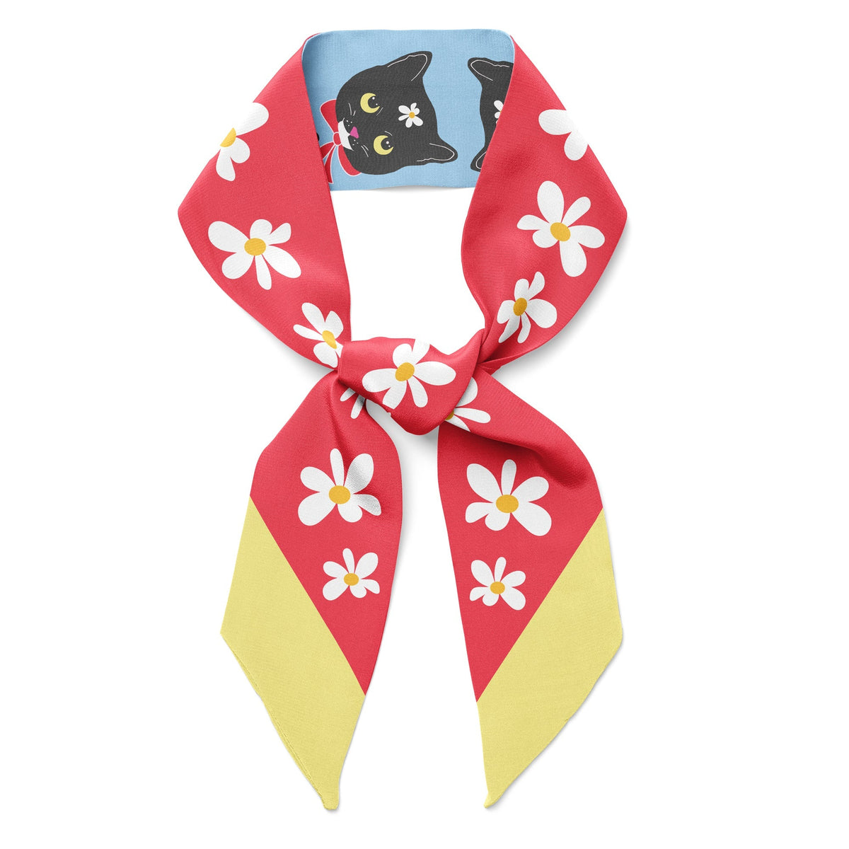 Cat and flower ribbon scarf with bow, red top panel and yellow bottom panel