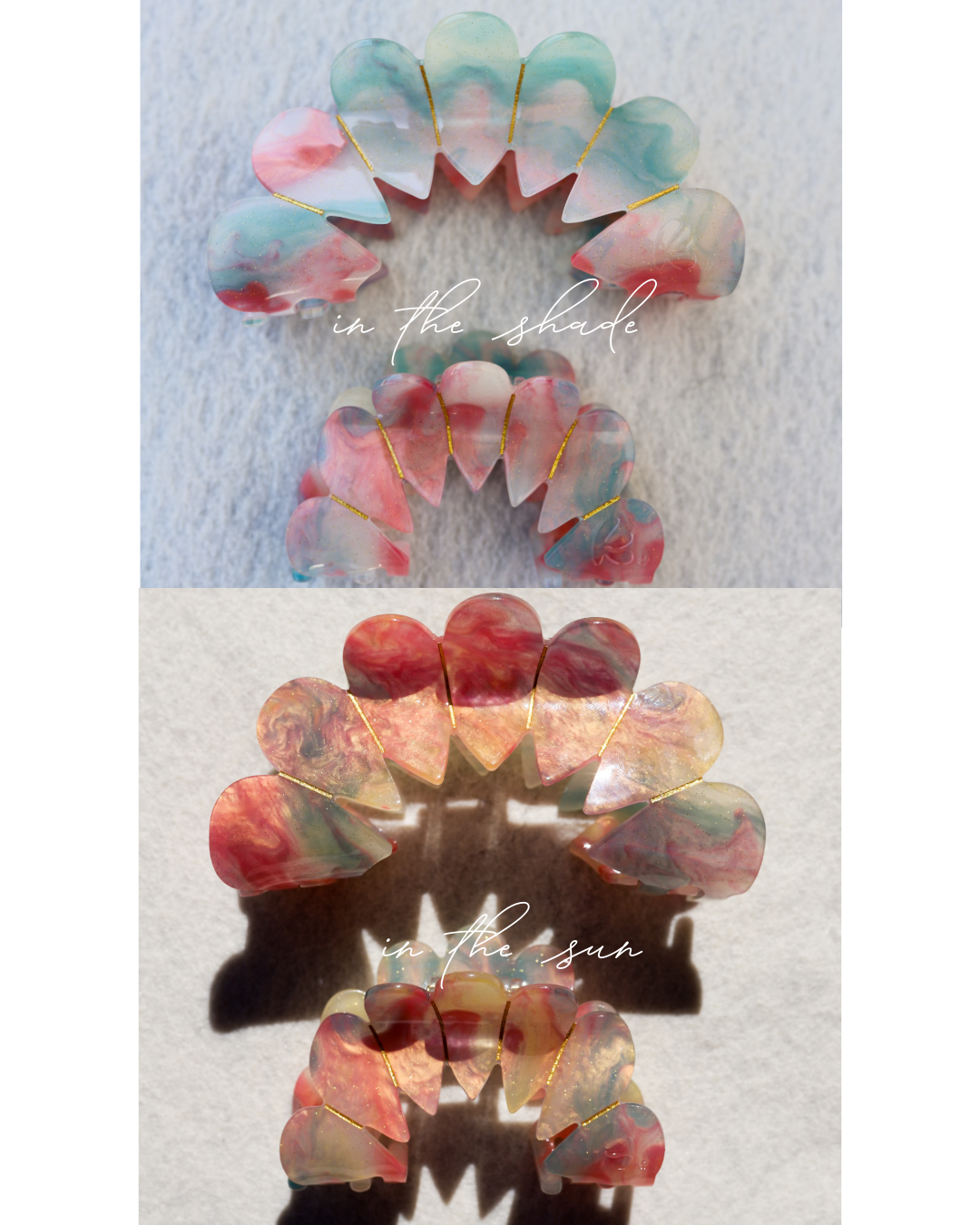 Color-changing translucent claw-shaped charms, pastel pink, teal, and red tones