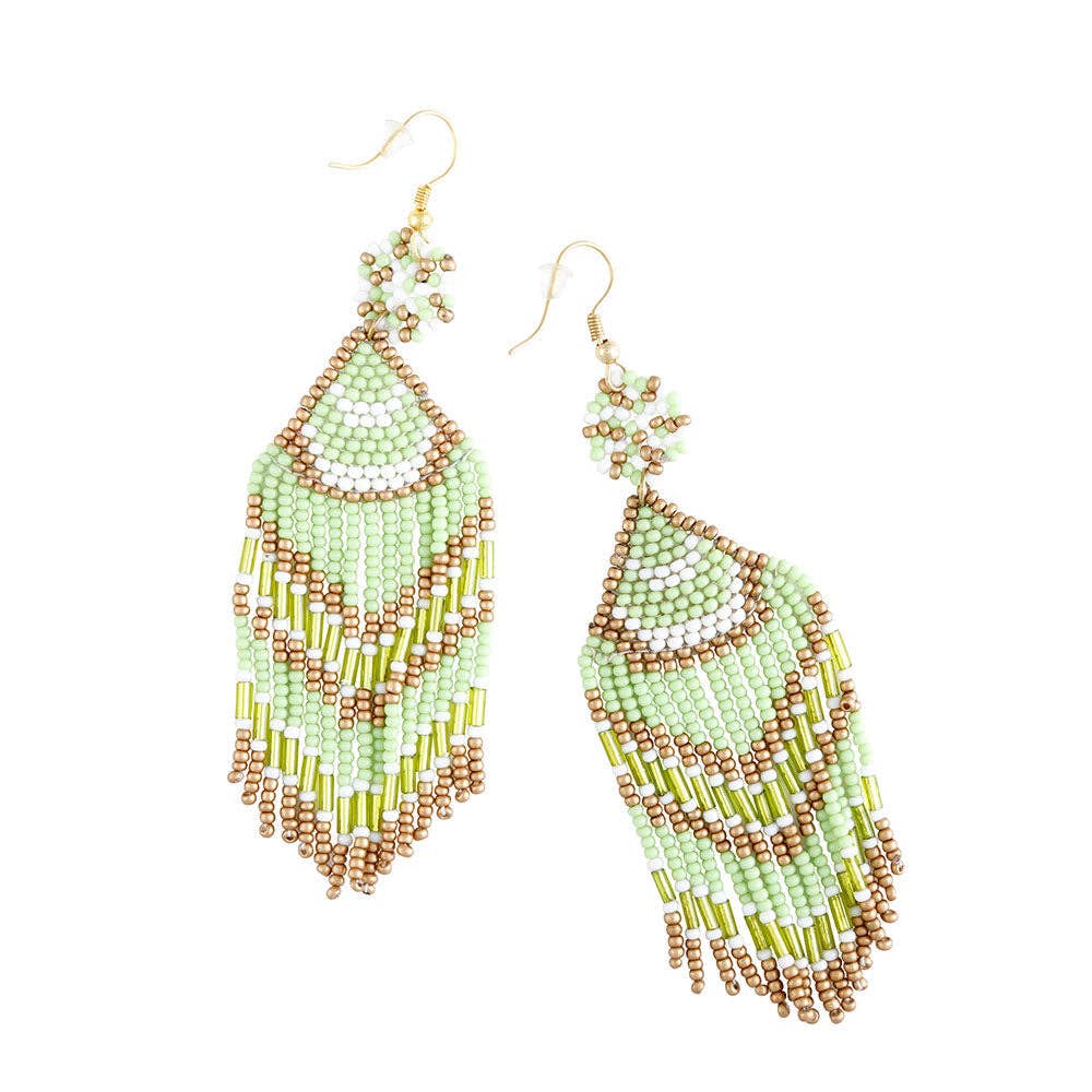 Mint green beaded earrings with gold-tone hooks, shown at different angles