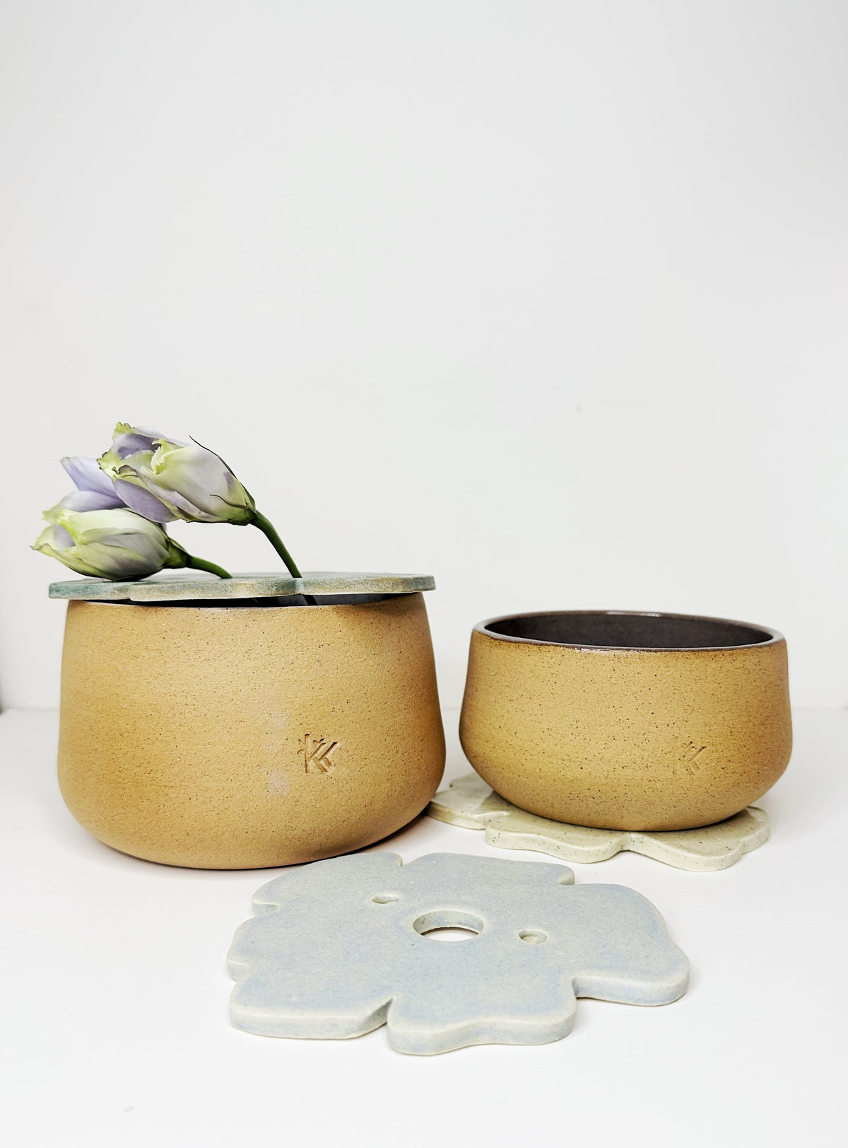 Round planter pot with two small frog-shaped decor pieces on the table