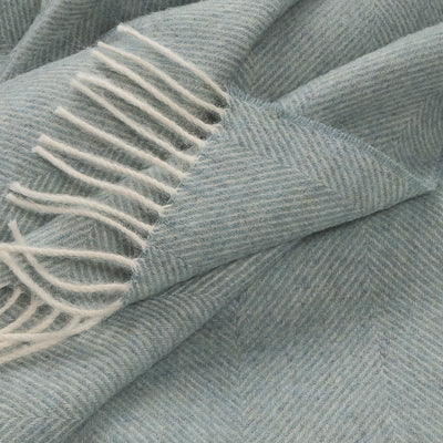 Robin's egg blue herringbone weave throw with cream tassel fringe, close-up