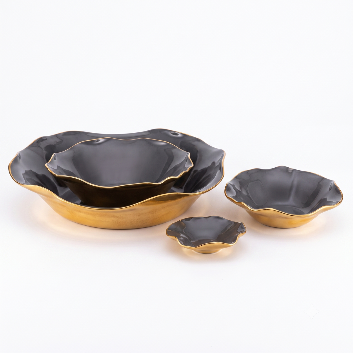 Ruffled graphite bowl set with black interior and gold rim, includes three nesting bowls