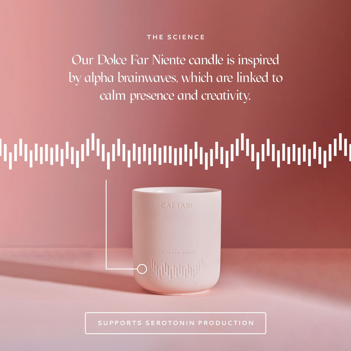 Pink Caftari candle in a glassless cup, shown with minimalist science text overlay