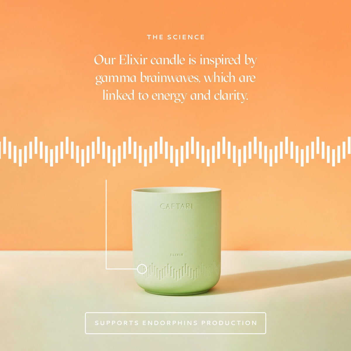 Sage green Caftari candle in a glassless cup, shown with minimalist science text overlay
