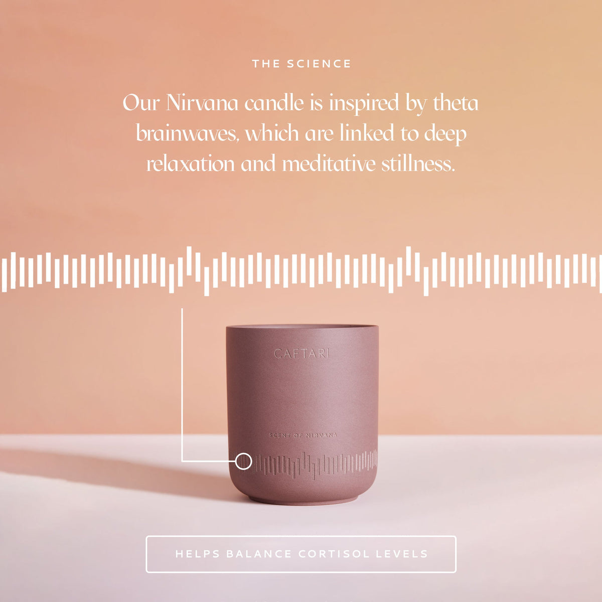 Dark plum Caftari candle in a glassless cup, shown with minimalist science text overlay