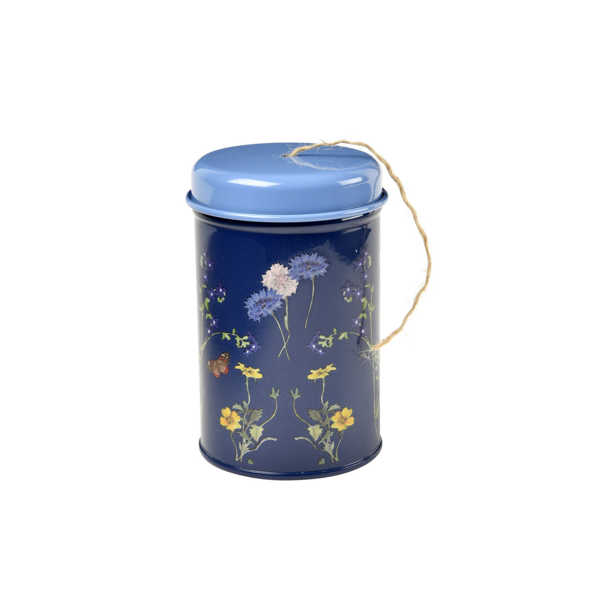 Decorative blue twine tin with white dandelion-style flowers and yellow blossoms