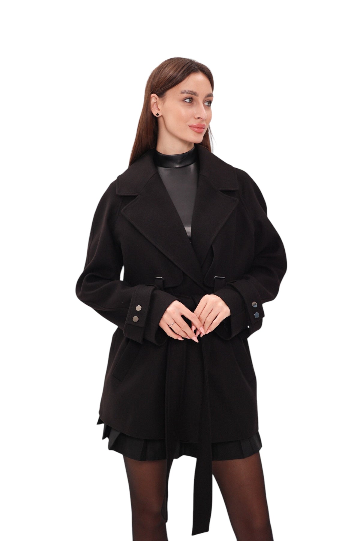 Black belted midi coat with wide lapels and buttoned cuff tabs