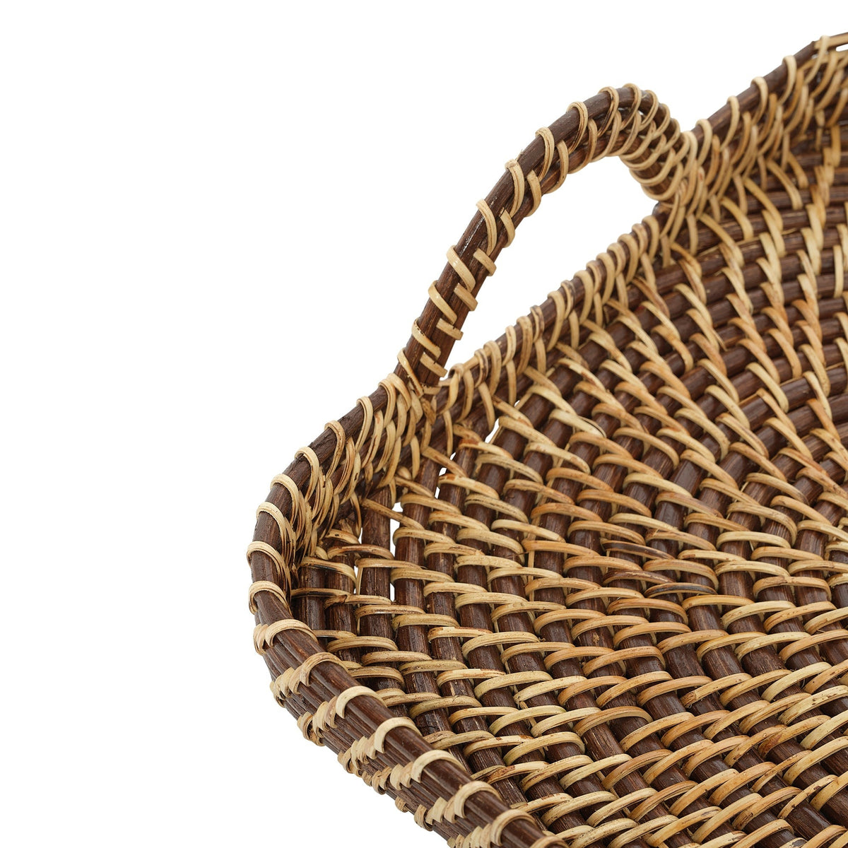 Close-up of woven tray surface and corner rim with carrying handle