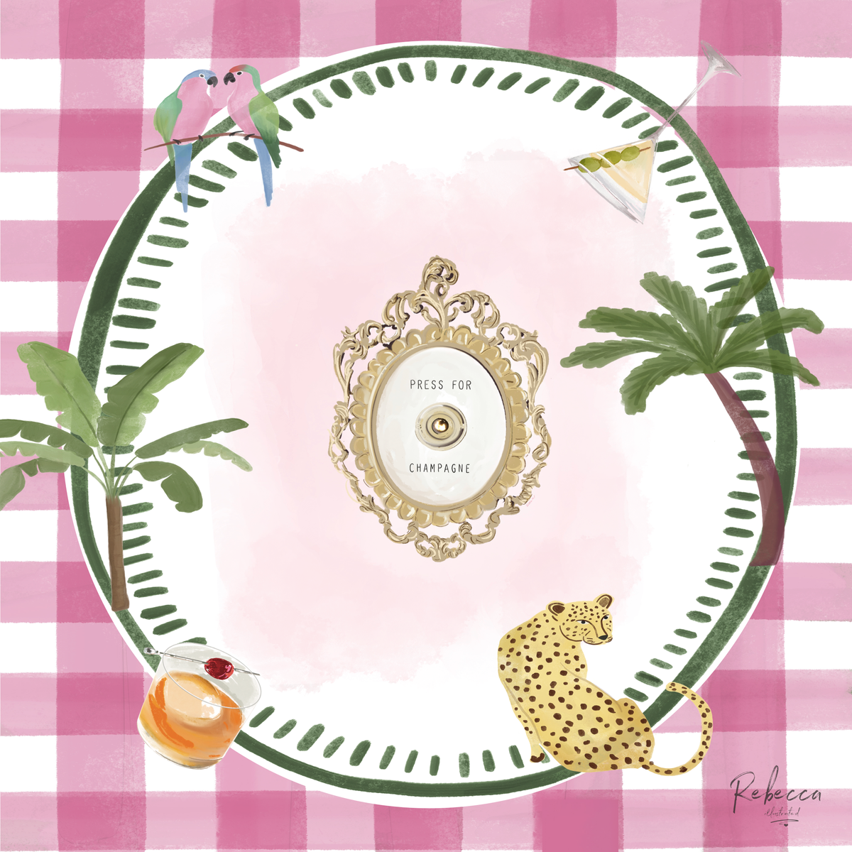 Pink gingham illustrated round mahjong mat with jungle leaves and jaguar graphic