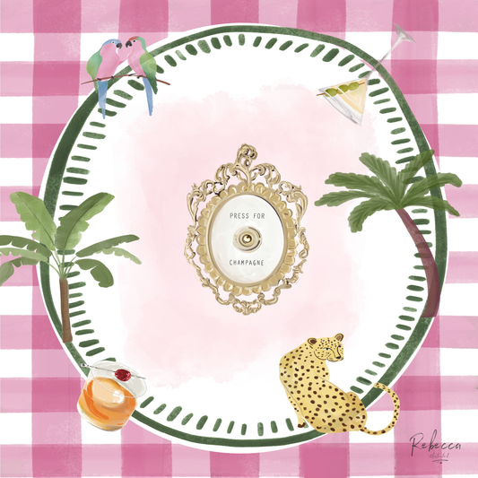 Pink gingham illustrated round mahjong mat with jungle leaves and jaguar graphic