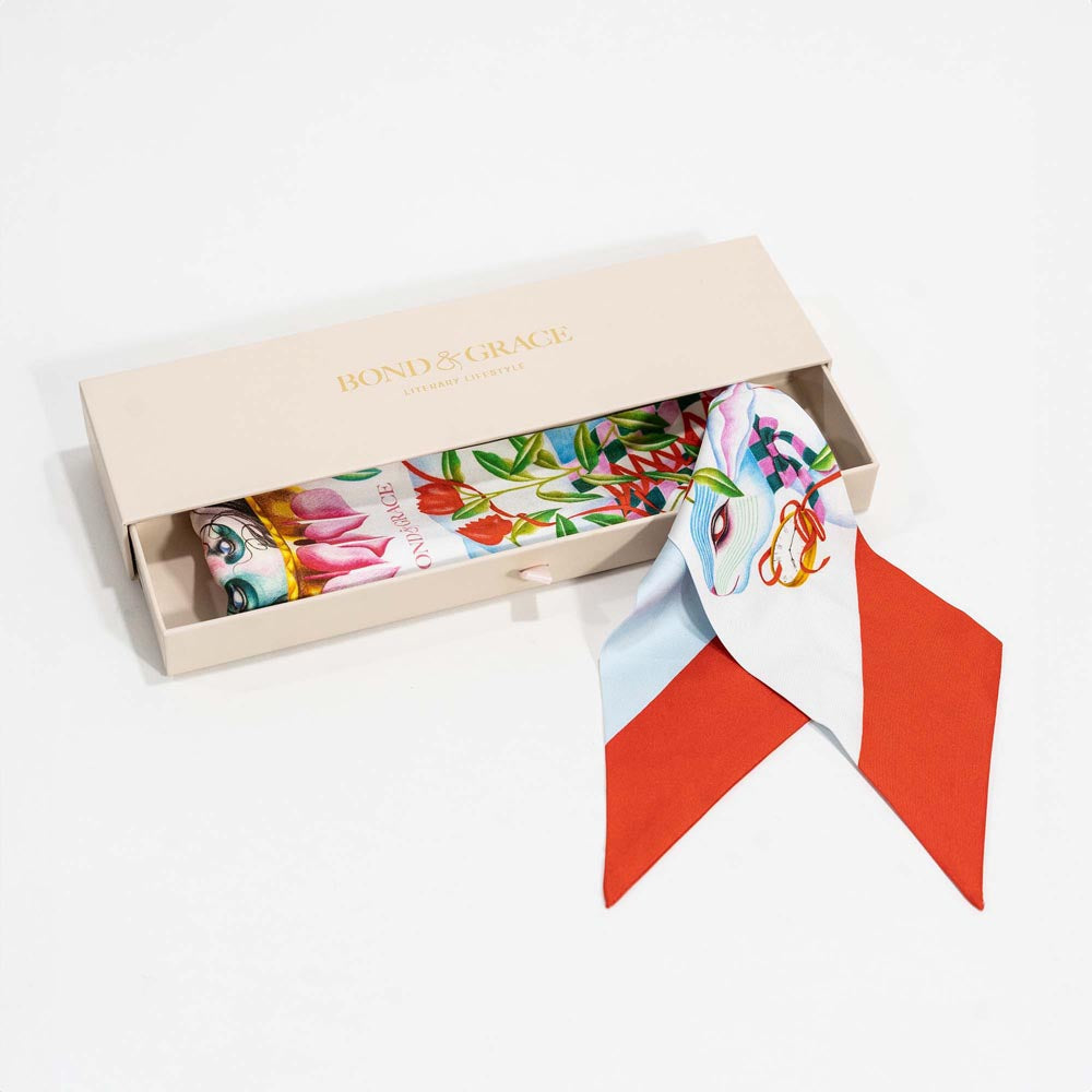 Silk twilly scarf in gift box, light blue with floral illustration and orange-red tail