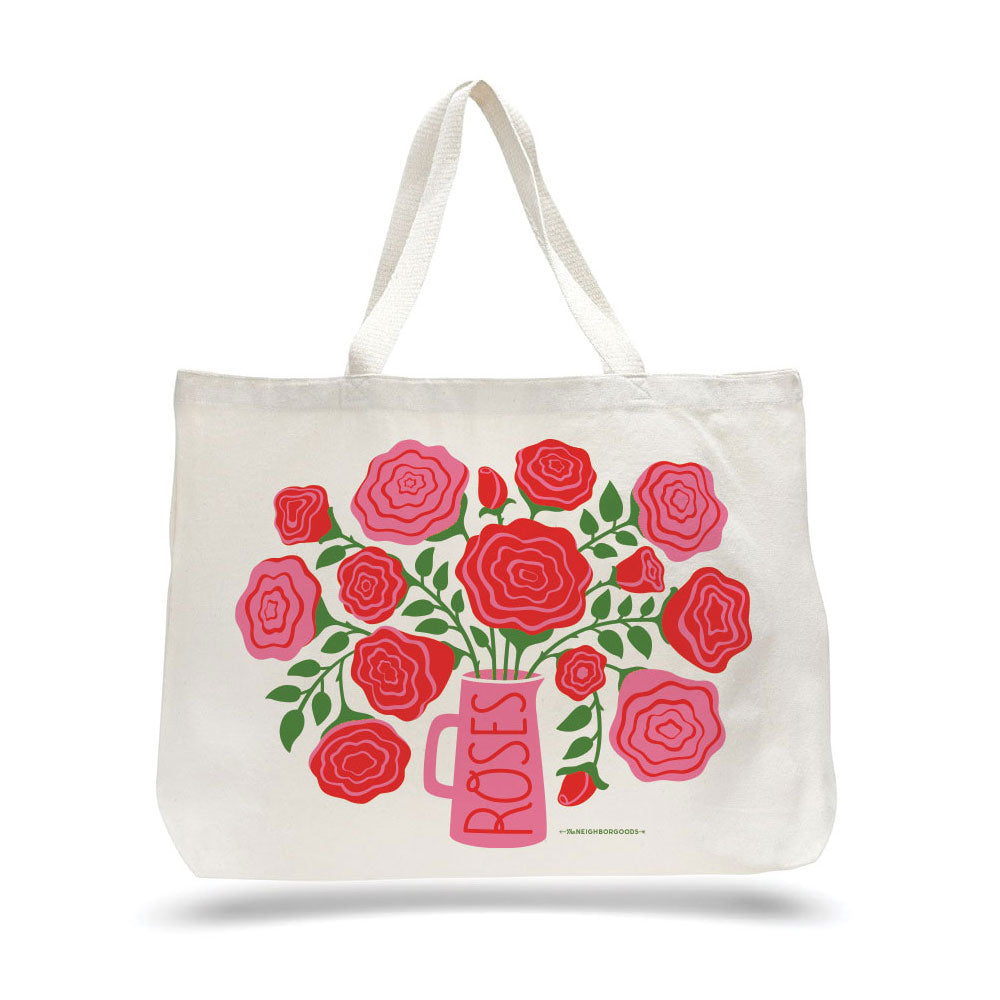 Off-white canvas tote bag with red and pink rose bouquet print and pink vase design