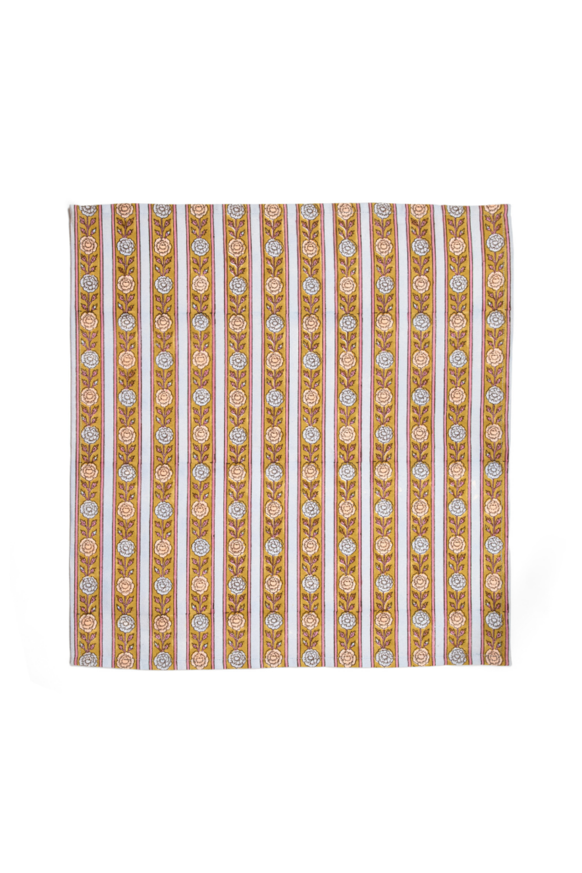Set of 4 napkins with vertical striped design and small floral medallions in gold and blue.