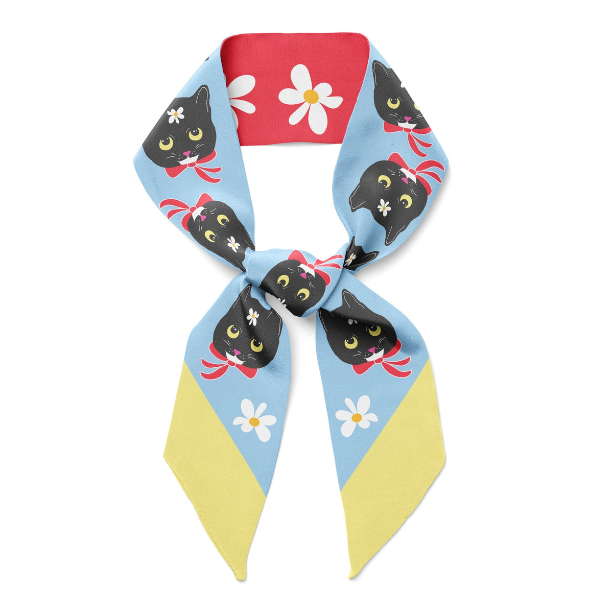 Cat-print ribbon scarf with bow, light blue, red, and yellow panels