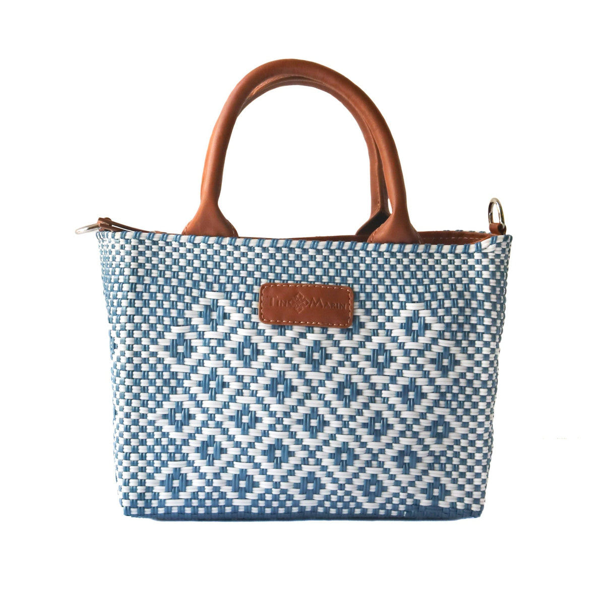 Woven crossbody bag, blue-and-white weave with tan leather top handles and center logo patch