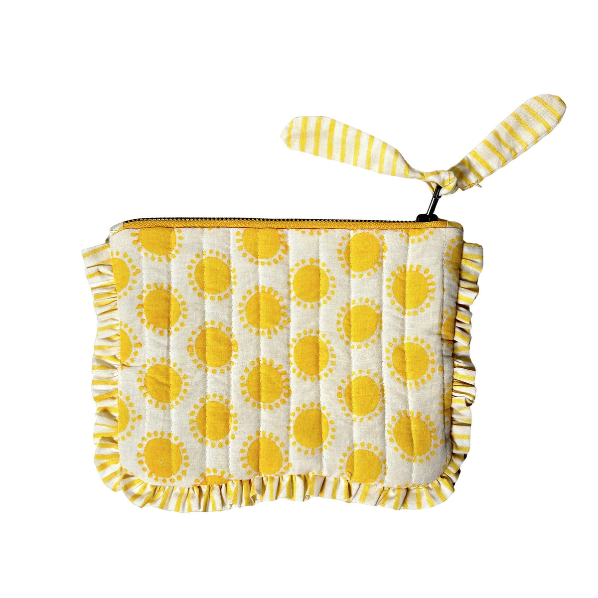 Quilted cotton travel pouch with yellow sun print, ruffle trim, and top zipper pull