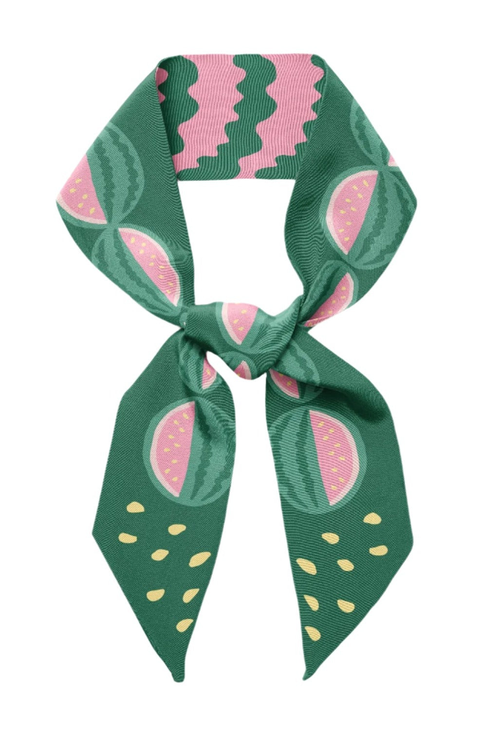 Green watermelon print twilly ribbon scarf tied in a bow, long ends.