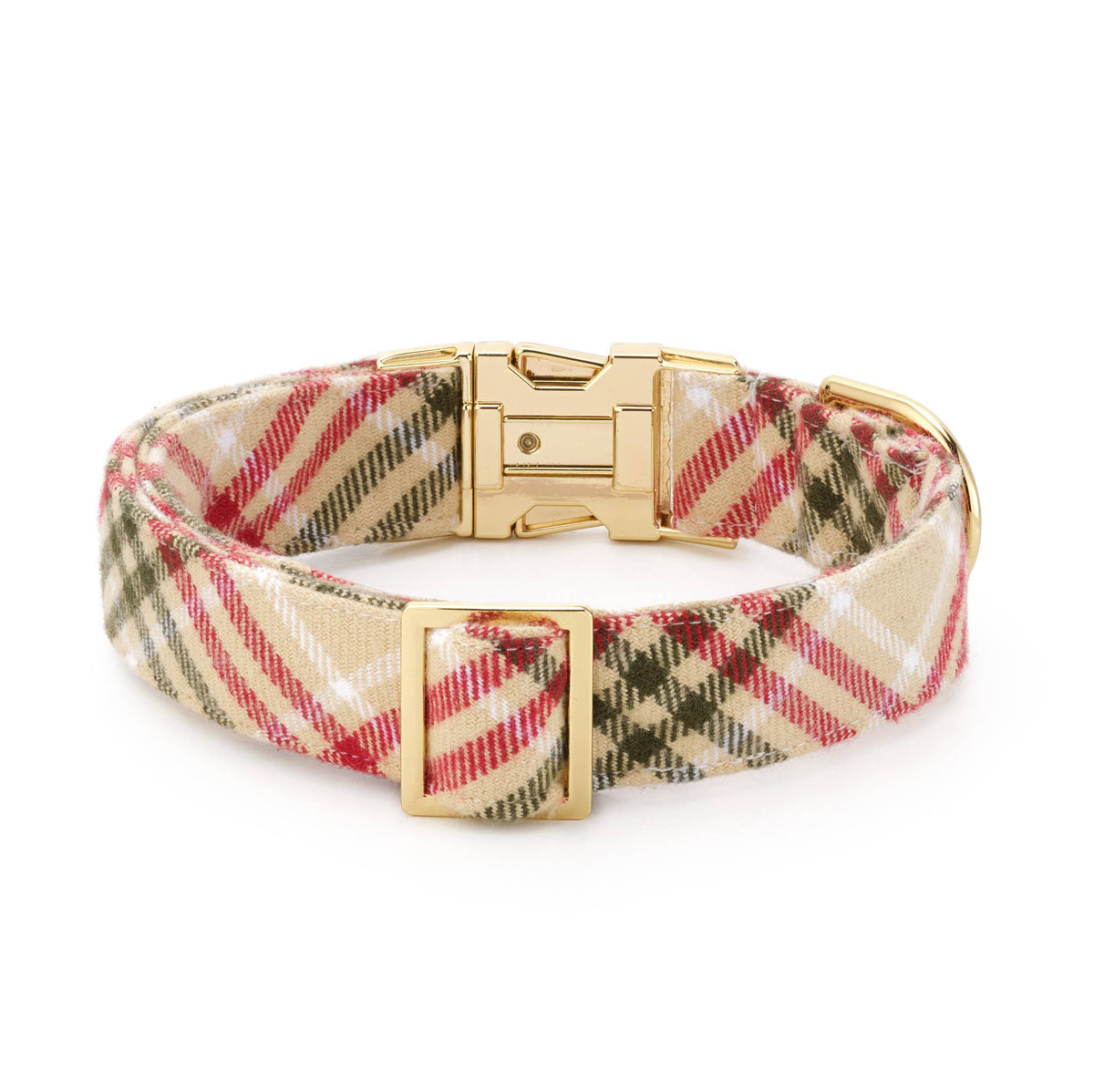 Plaid flannel dog collar with gold clasp and hardware; beige, red, and black tartan