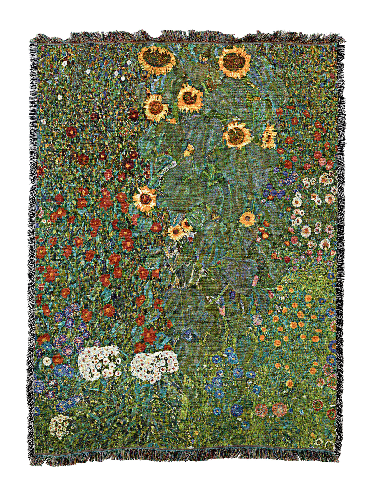 Farm garden with sunflowers blanket, multicolor floral pattern with sunflowers, fringed edges