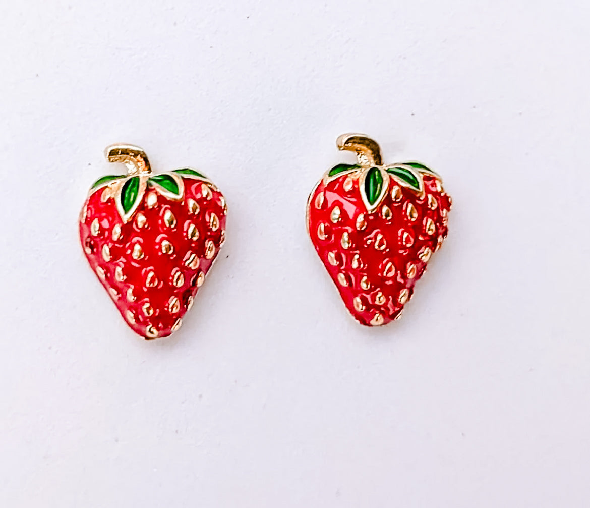 Red strawberry stud earrings with green leaves, small enamel fruit drops