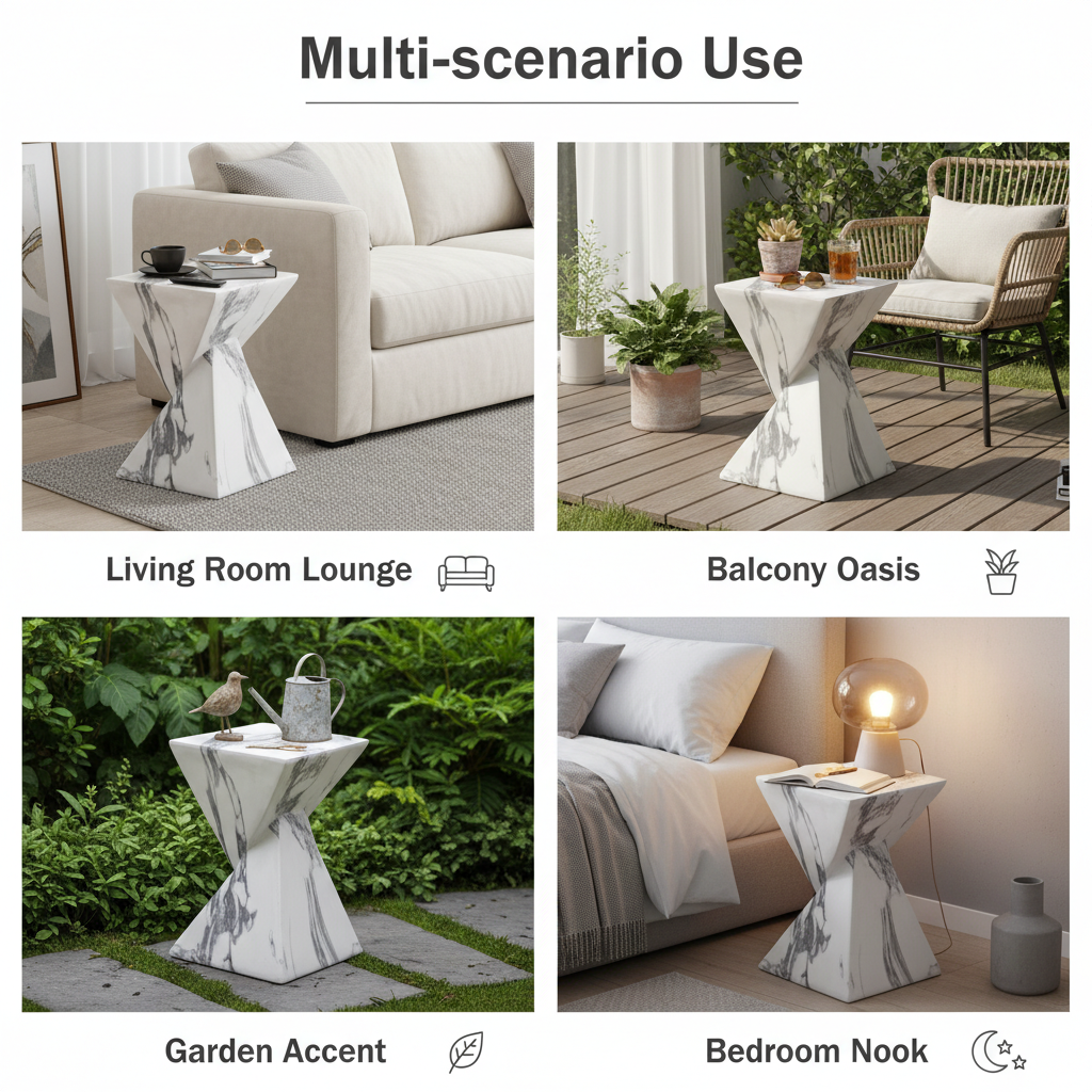 Concrete side table with a sculptural hourglass form shown in indoor and outdoor settings