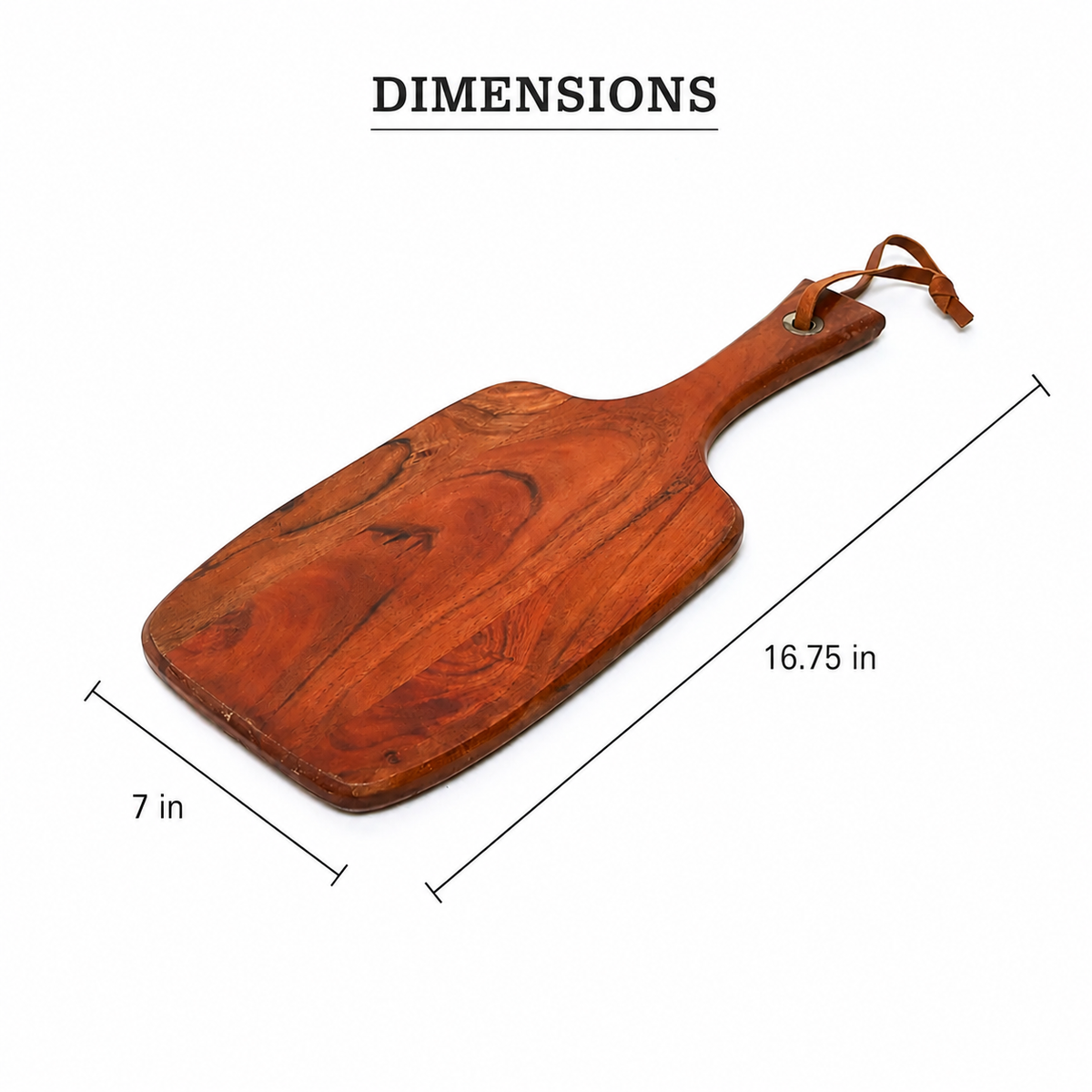 Wooden paddle cutting board with leather hanging cord and built-in hanging loop