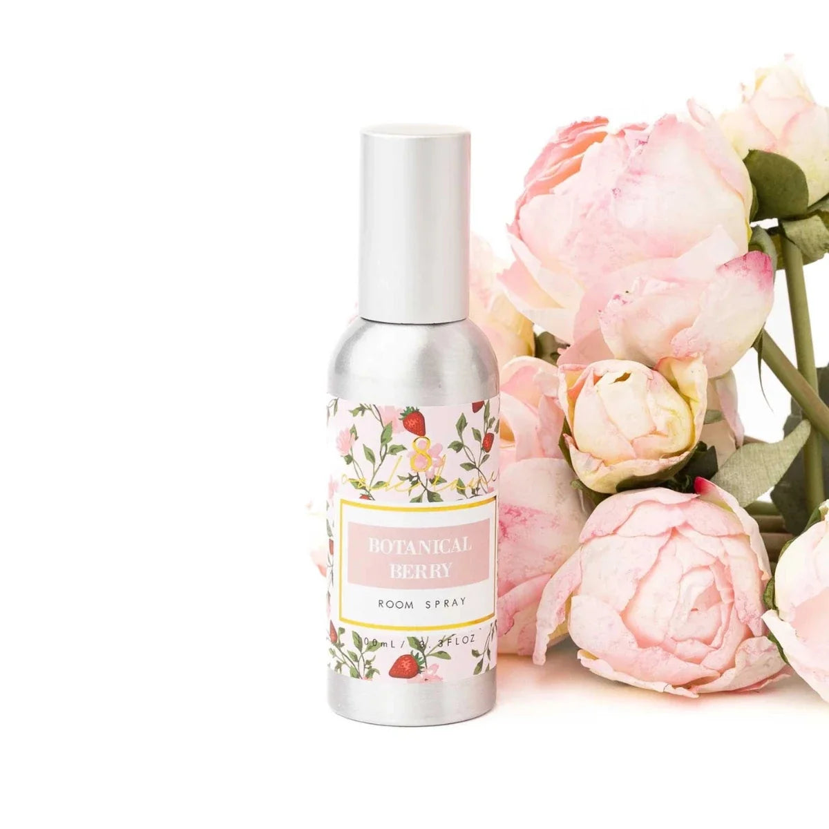 Floral room spray bottle with silver cap and Botanical Berry label