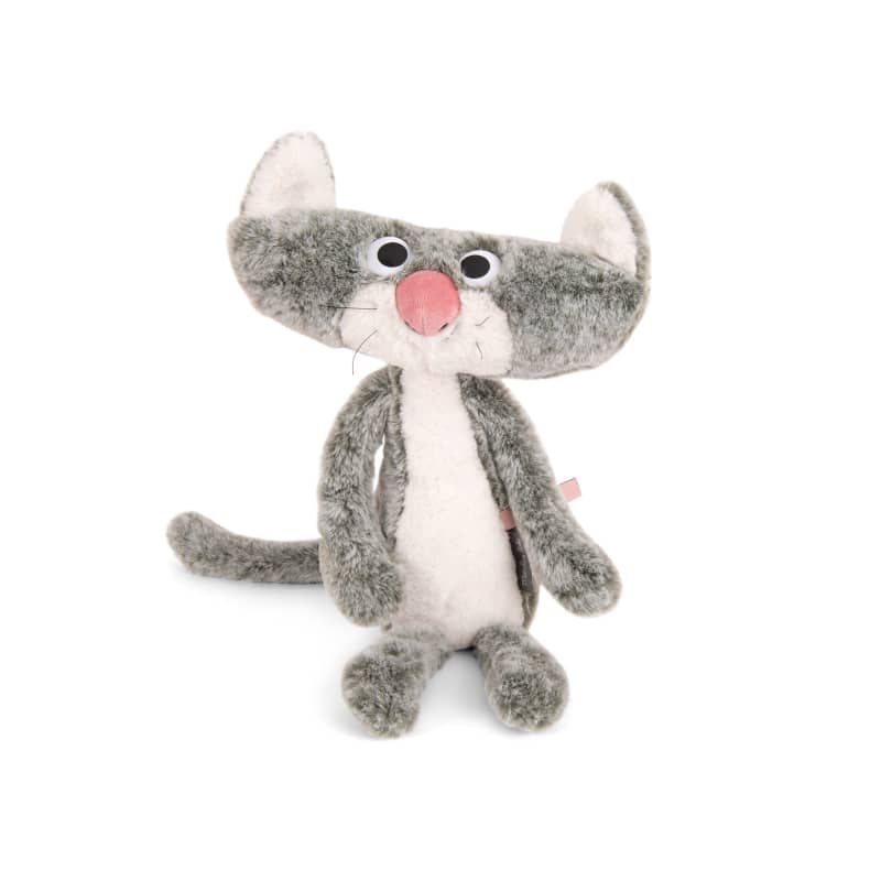 Gray and white cat plush stuffed toy, Moulin Roty, standing with tail curled