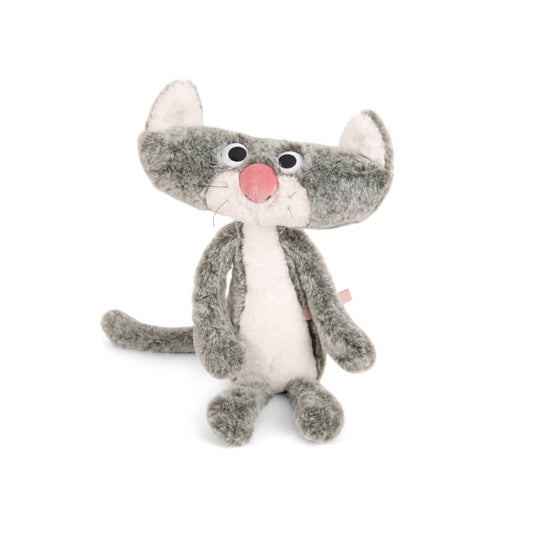 Gray and white cat plush stuffed toy, Moulin Roty, standing with tail curled