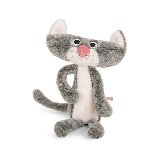 Gray and white cat plush, Moulin Roty, sitting with arms raised
