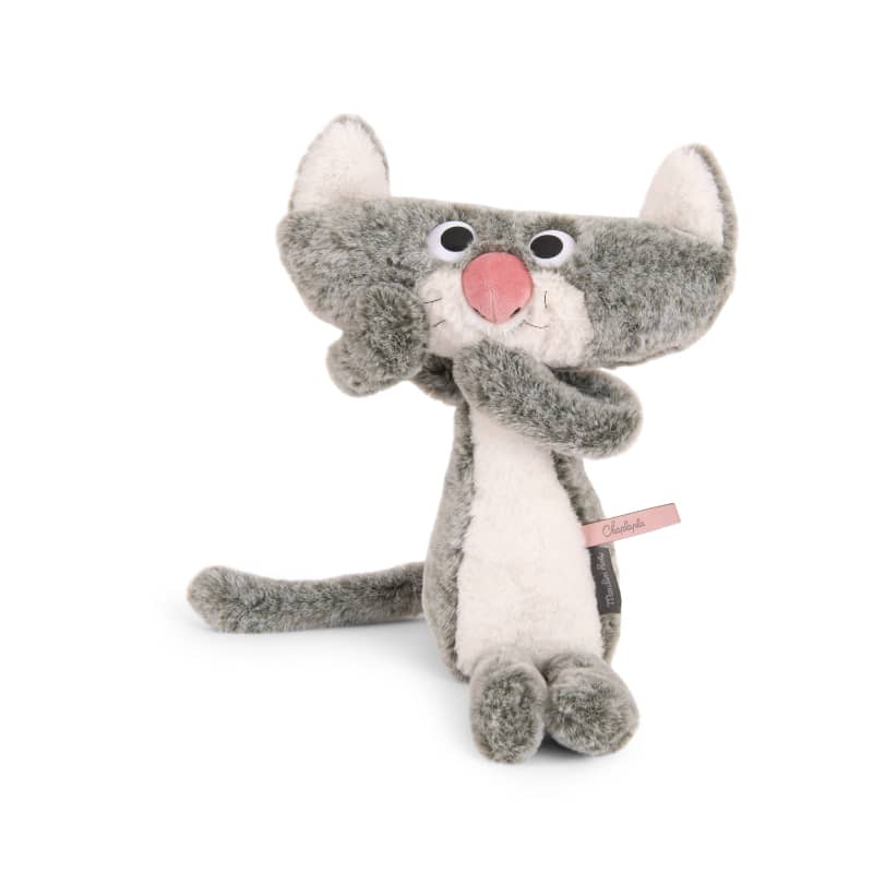 Gray and white cat plush toy, Moulin Roty, side view with pink nose and ears