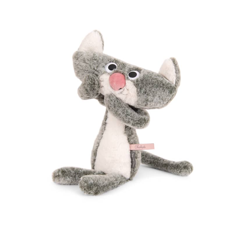 Gray and white cat plush, Moulin Roty, kneeling with one paw forward