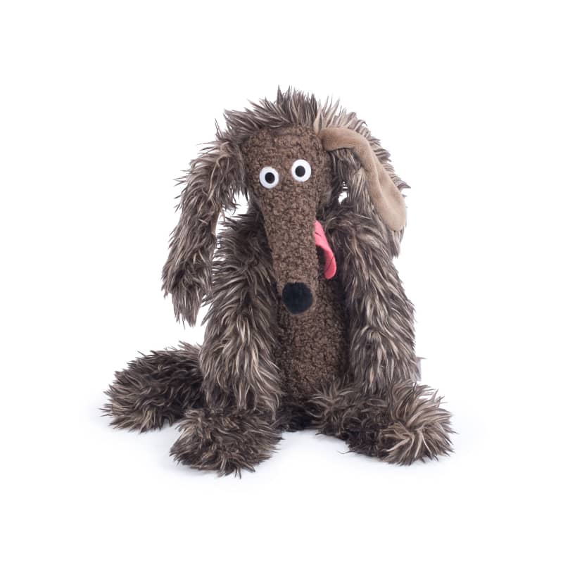 Moulin Roty stuffed dog plush with floppy ears, big eyes, and pink tongue