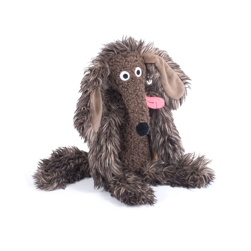 Moulin Roty stuffed dog plush with floppy ears, open mouth detail, and pink tongue