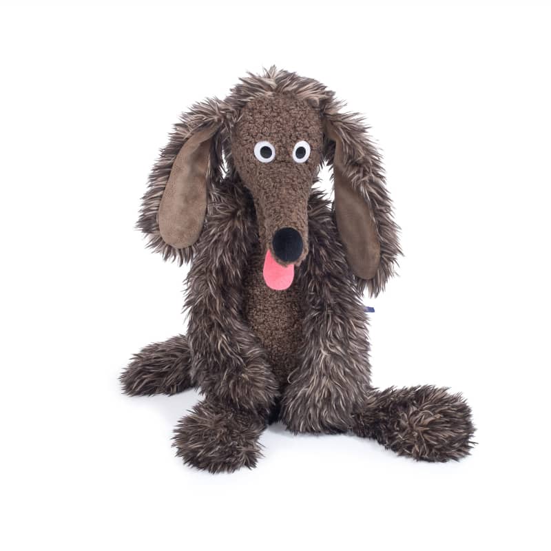 Large plush dog stuffed toy, dark brown with floppy ears and pink tongue, Moulin Roty