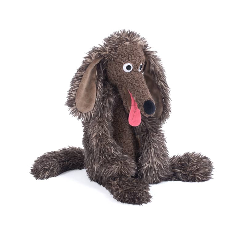 Large plush dog stuffed toy, dark brown with floppy ears and pink tongue, Moulin Roty